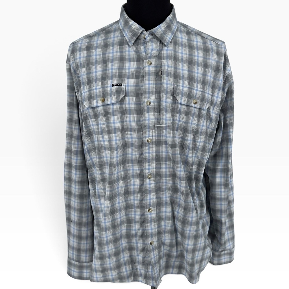 PONCHO Outdoor Shirt Mens Size XL Plaid Long Sleeve Button Up Blue Gray Fishing